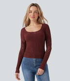 OneForm Seamless Flow Scoop Neck Cut Out Long Sleeve Casual Sports Top — Love Bite - Burgundy — view 4