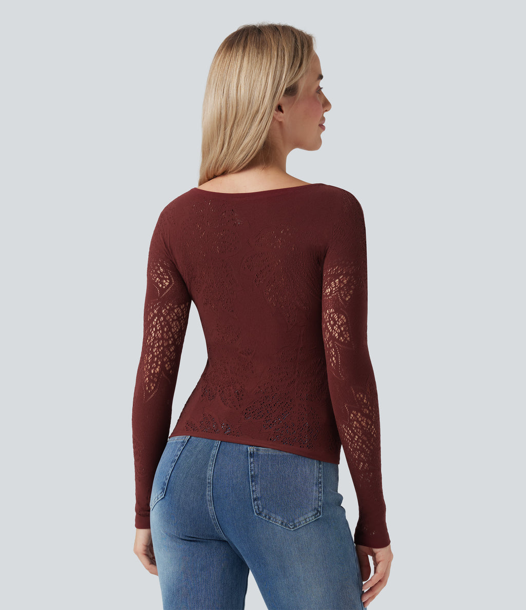 OneForm Seamless Flow Scoop Neck Cut Out Long Sleeve Casual Sports Top — Love Bite - Burgundy — view 5