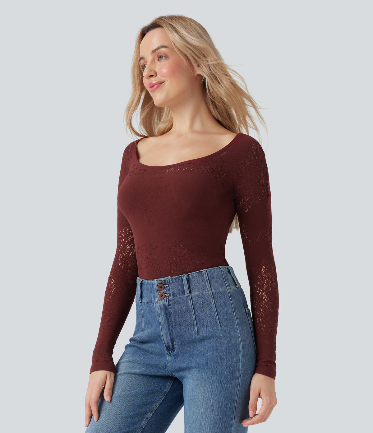 OneForm Seamless Flow Scoop Neck Cut Out Long Sleeve Casual Sports Top — Love Bite - Burgundy — view 3