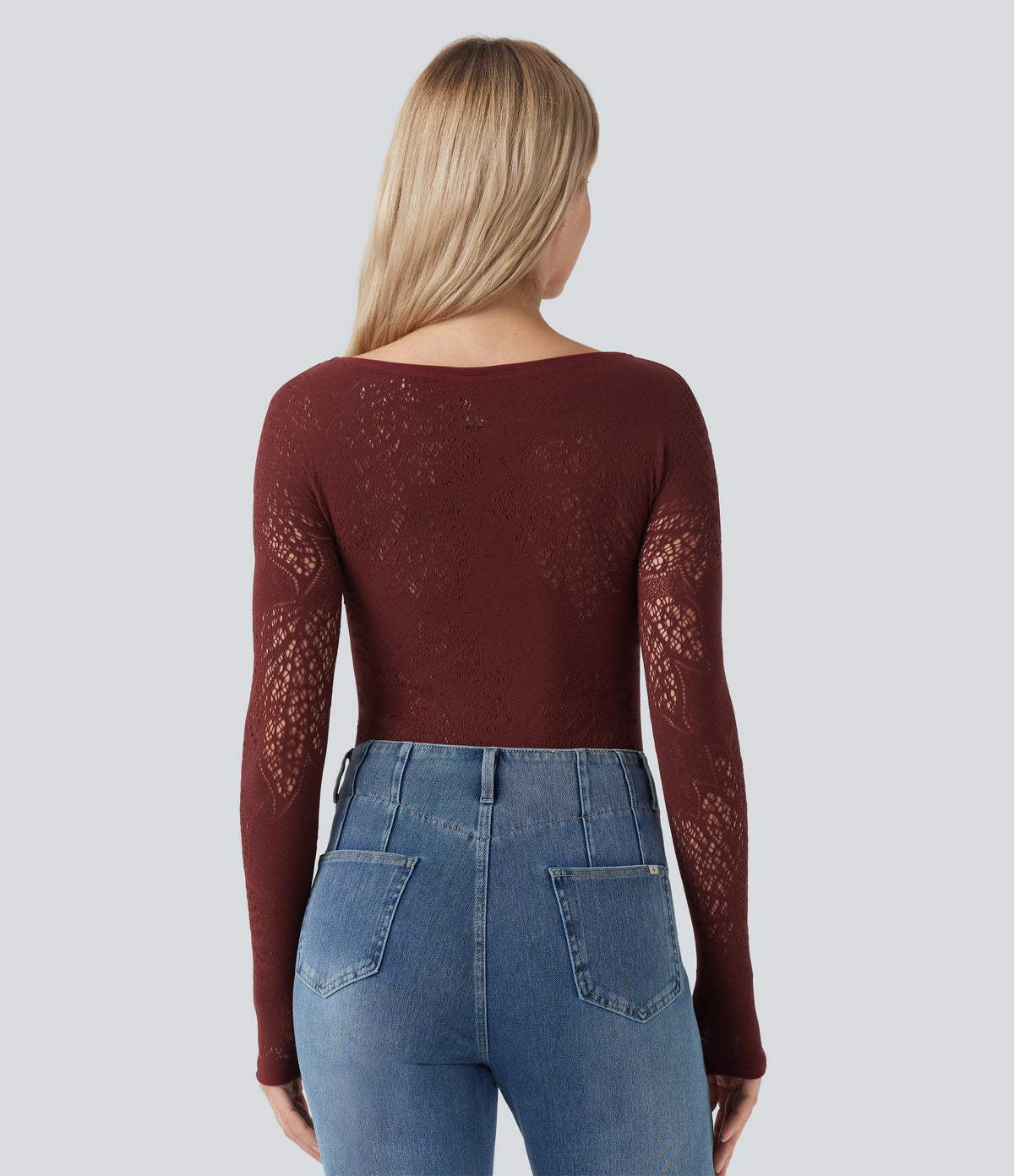 OneForm Seamless Flow Scoop Neck Cut Out Long Sleeve Casual Sports Top — Love Bite - Burgundy — view 2