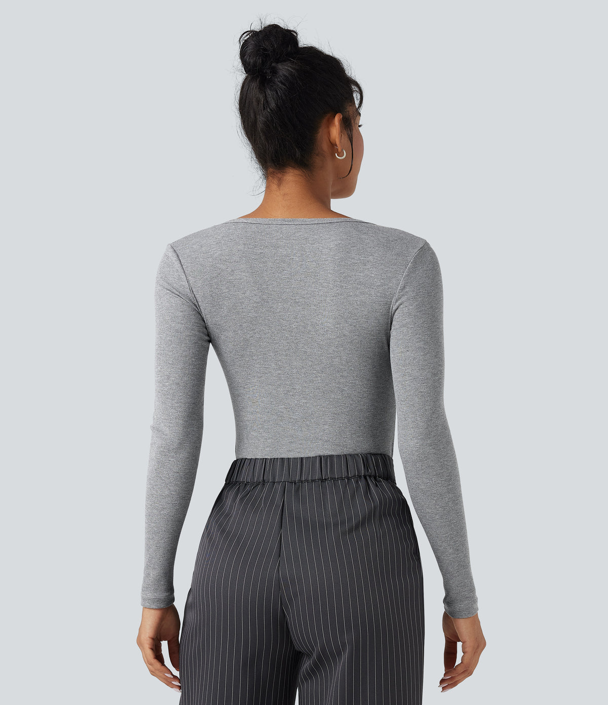 Ribbed Knit V-neck Long Sleeve Work T-Shirt — Ash Grey — view 2