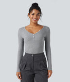Ribbed Knit V-neck Long Sleeve Work T-Shirt — Ash Grey — view 1