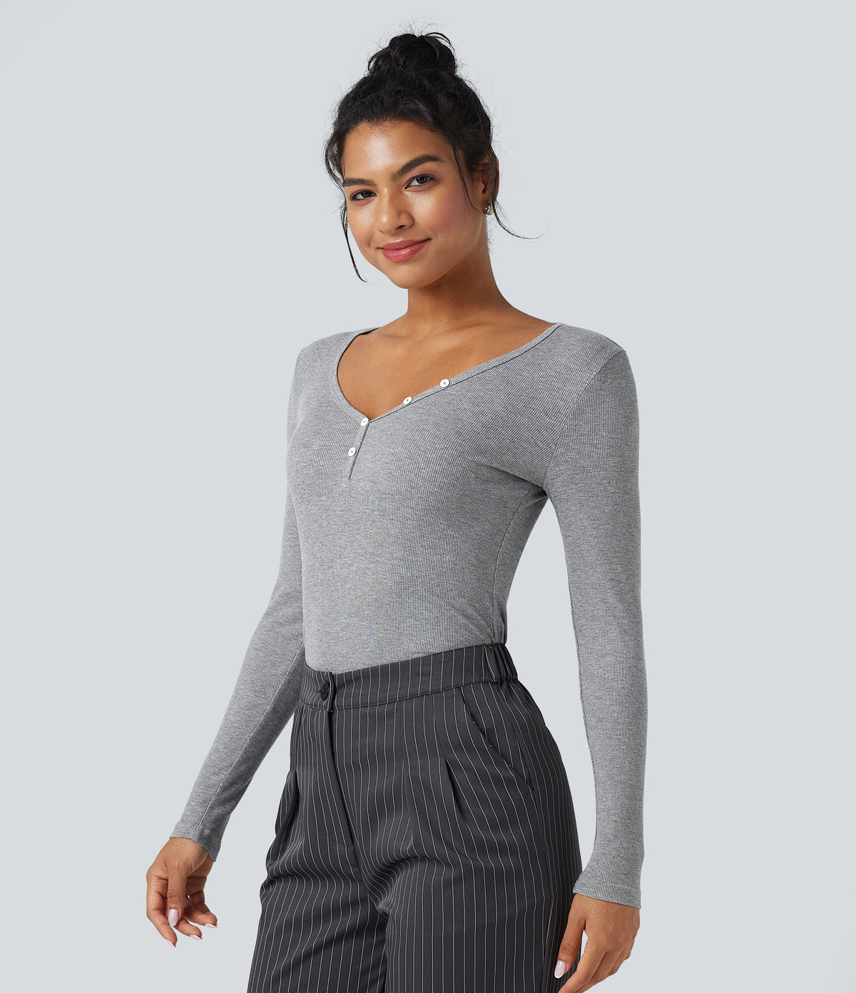 Ribbed Knit V-neck Long Sleeve Work T-Shirt — Ash Grey — view 3