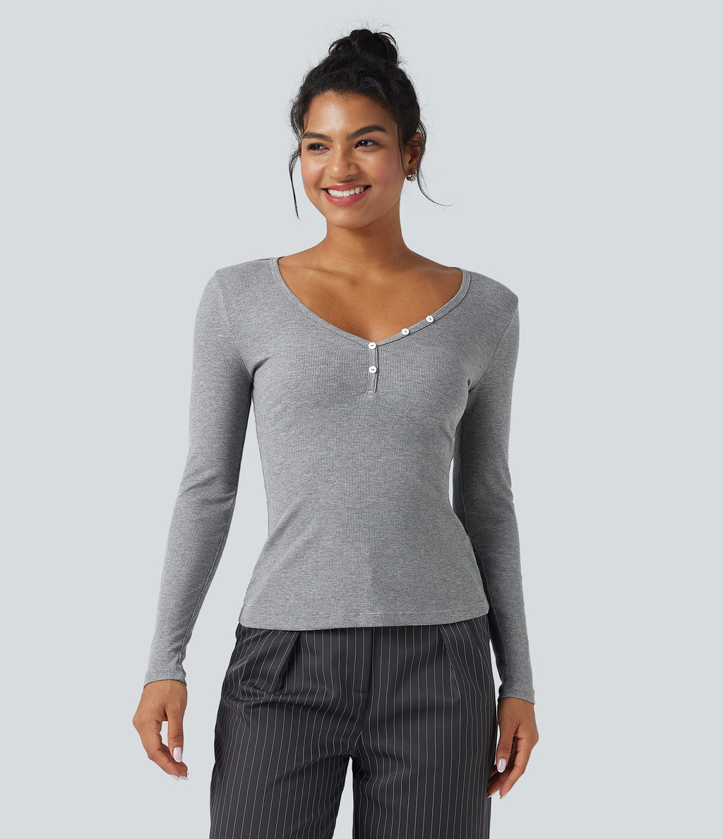 Ribbed Knit V-neck Long Sleeve Work T-Shirt — Ash Grey — view 5