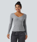 Ribbed Knit V-neck Long Sleeve Work T-Shirt — Ash Grey — view 5