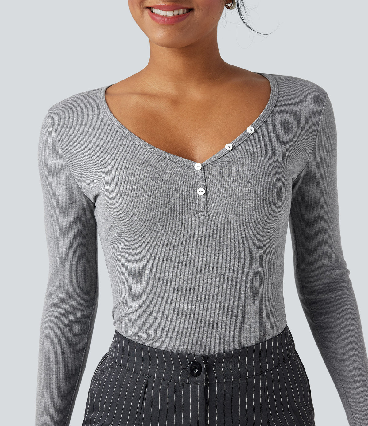 Ribbed Knit V-neck Long Sleeve Work T-Shirt — Ash Grey — view 4