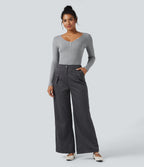 Ribbed Knit V-neck Long Sleeve Work T-Shirt — Ash Grey — view 6