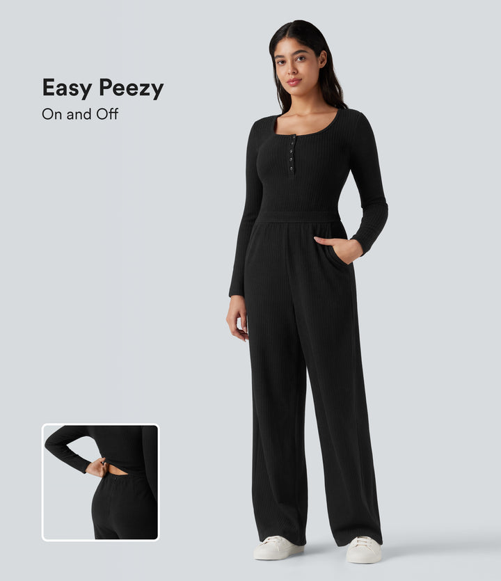Ribbed Henley Long Sleeve Fleece Casual Jumpsuit with Pockets — Black — view 1