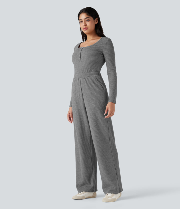 Ribbed Henley Long Sleeve Fleece Casual Jumpsuit with Pockets — Mockingbird — view 7