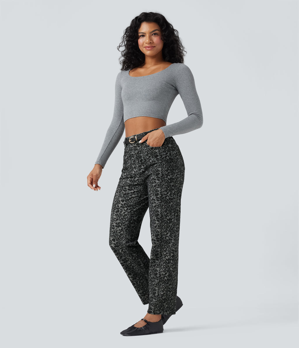 Leopard Print High Waisted Straight Leg Casual Jeans with Pockets — Gray Leopard Denim — view 6