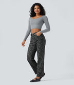 Leopard Print High Waisted Straight Leg Casual Jeans with Pockets — Gray Leopard Denim — view 6