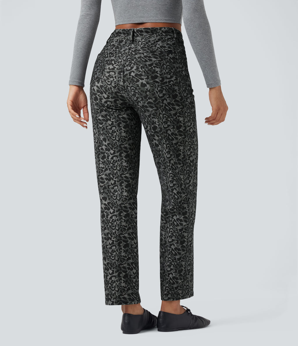 Leopard Print High Waisted Straight Leg Casual Jeans with Pockets — Gray Leopard Denim — view 2