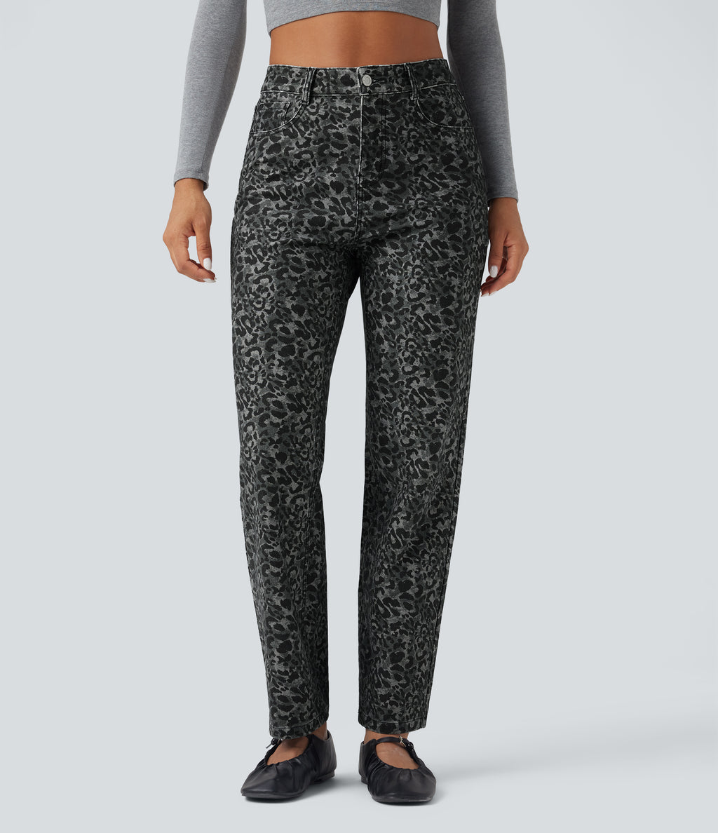 Leopard Print High Waisted Straight Leg Casual Jeans with Pockets — Gray Leopard Denim — view 3