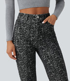 Leopard Print High Waisted Straight Leg Casual Jeans with Pockets — Gray Leopard Denim — view 4