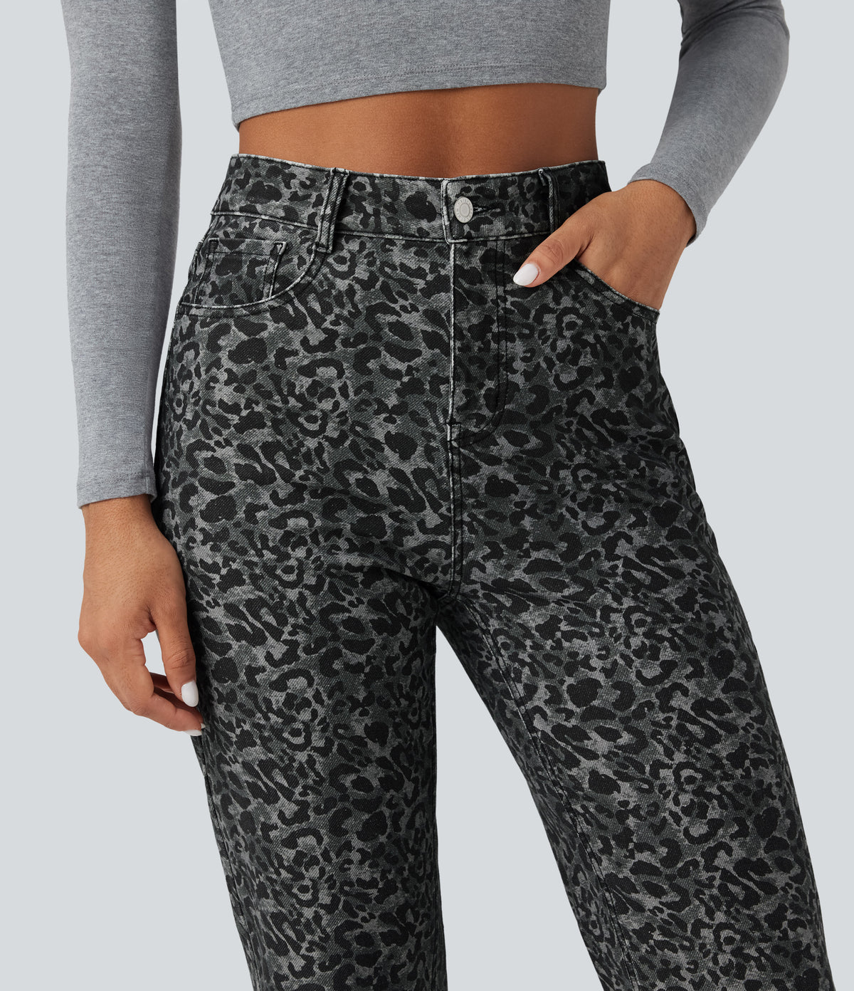 Leopard Print High Waisted Straight Leg Casual Jeans with Pockets — Gray Leopard Denim — view 4
