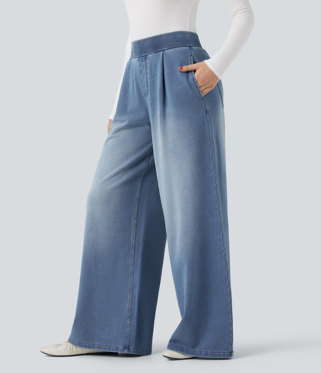 Mid Rise Wide Leg Flaredd French Terry Casual Sweatpants Jeans with Pockets — Coronet Blue Denim — view 3