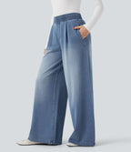 Mid Rise Wide Leg Flaredd French Terry Casual Sweatpants Jeans with Pockets — Coronet Blue Denim — view 3