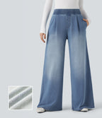 Mid Rise Wide Leg Flaredd French Terry Casual Sweatpants Jeans with Pockets — Coronet Blue Denim — view 1