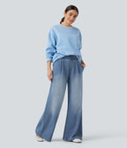 Mid Rise Wide Leg Flaredd French Terry Casual Sweatpants Jeans with Pockets — Coronet Blue Denim — view 5