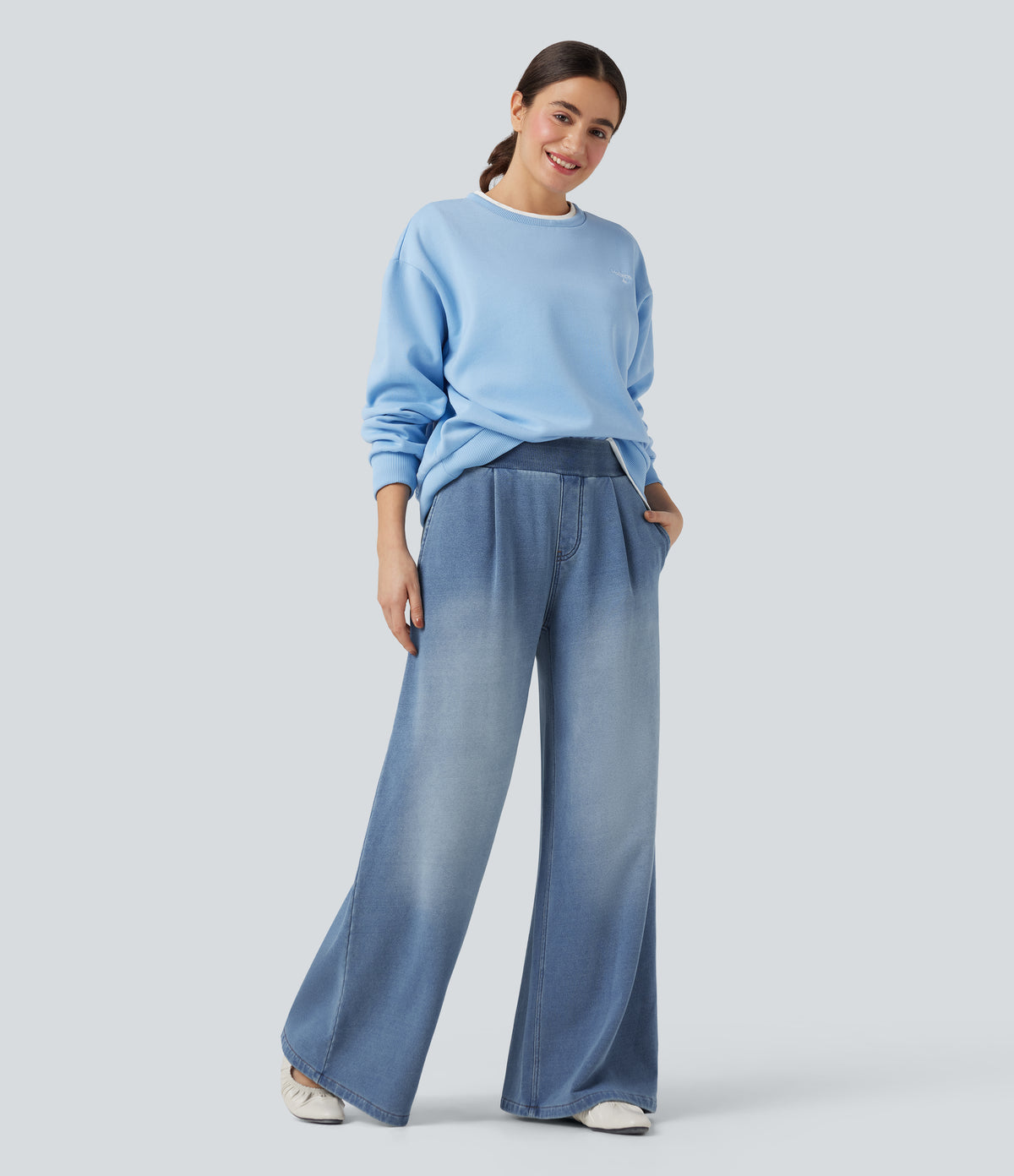 Mid Rise Wide Leg Flaredd French Terry Casual Sweatpants Jeans with Pockets — Coronet Blue Denim — view 5