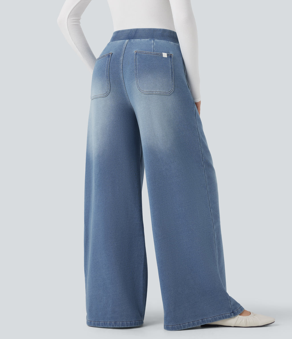 Mid Rise Wide Leg Flaredd French Terry Casual Sweatpants Jeans with Pockets — Coronet Blue Denim — view 2