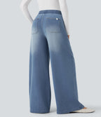 Mid Rise Wide Leg Flaredd French Terry Casual Sweatpants Jeans with Pockets — Coronet Blue Denim — view 2