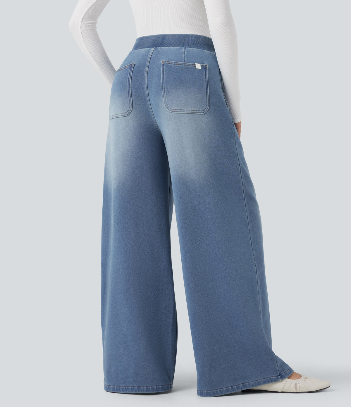 Mid Rise Wide Leg Flaredd French Terry Casual Sweatpants Jeans with Pockets — Coronet Blue Denim — view 2