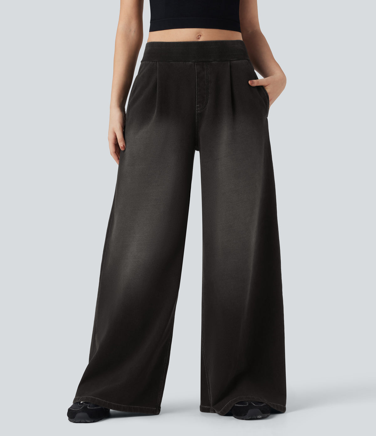 Mid Rise Wide Leg Flaredd French Terry Casual Sweatpants Jeans with Pockets — Phantom Denim — view 6
