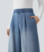 Mid Rise Wide Leg Flaredd French Terry Casual Sweatpants Jeans with Pockets — Coronet Blue Denim — view 4