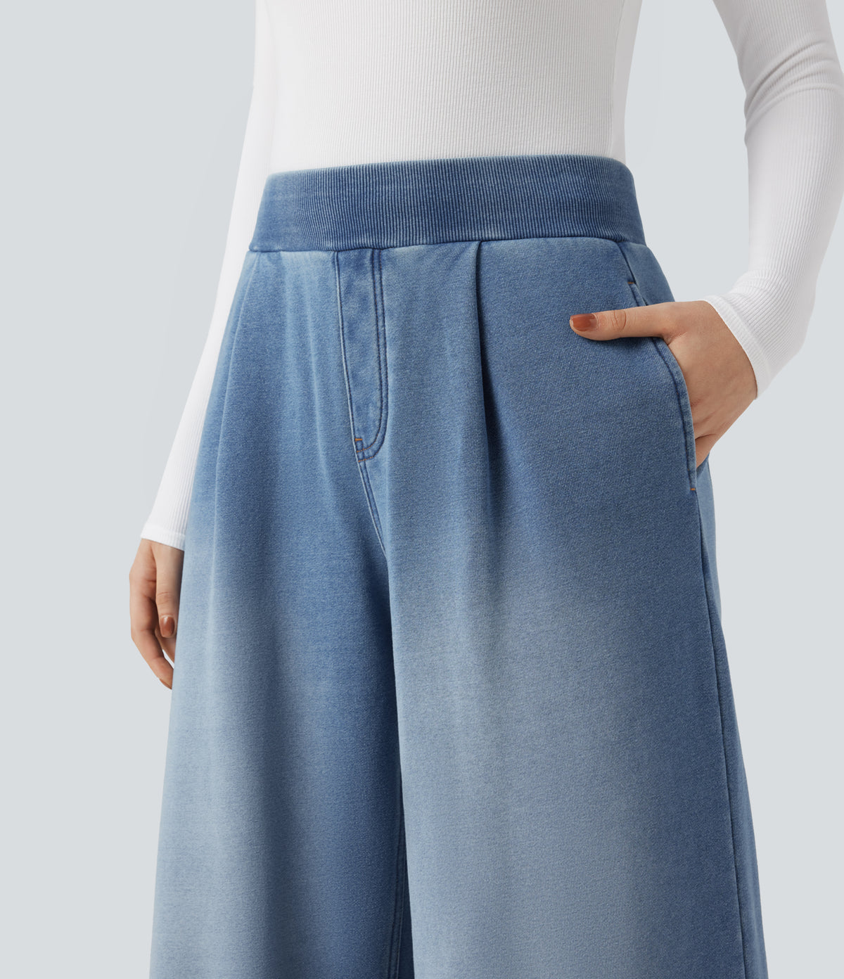 Mid Rise Wide Leg Flaredd French Terry Casual Sweatpants Jeans with Pockets — Coronet Blue Denim — view 4