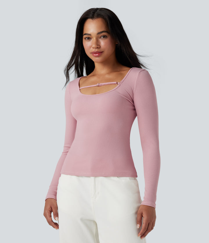 Ribbed Knit U-Neck Long Sleeve Work T-Shirt — Zephyr — view 1