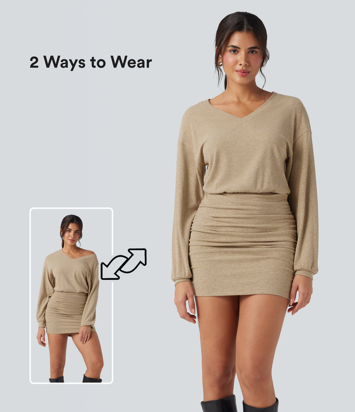Ribbed Knit V-neck Long Sleeve Ruched Bodycon Mini Casual Dress — Semolina — view 1