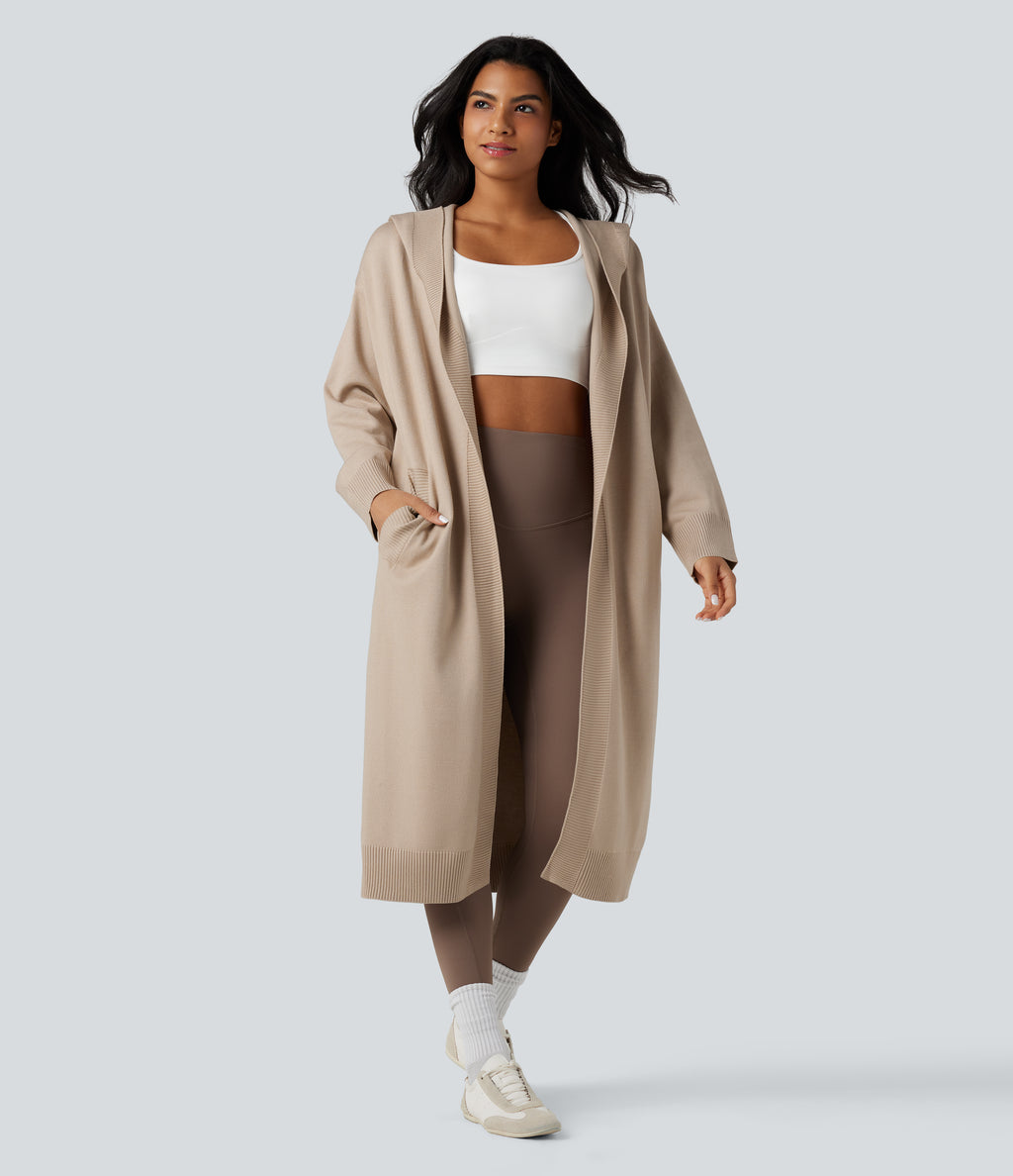 Hooded Long Sleeve Longline Casual Cardigan with Pockets — Gray Morn — view 1