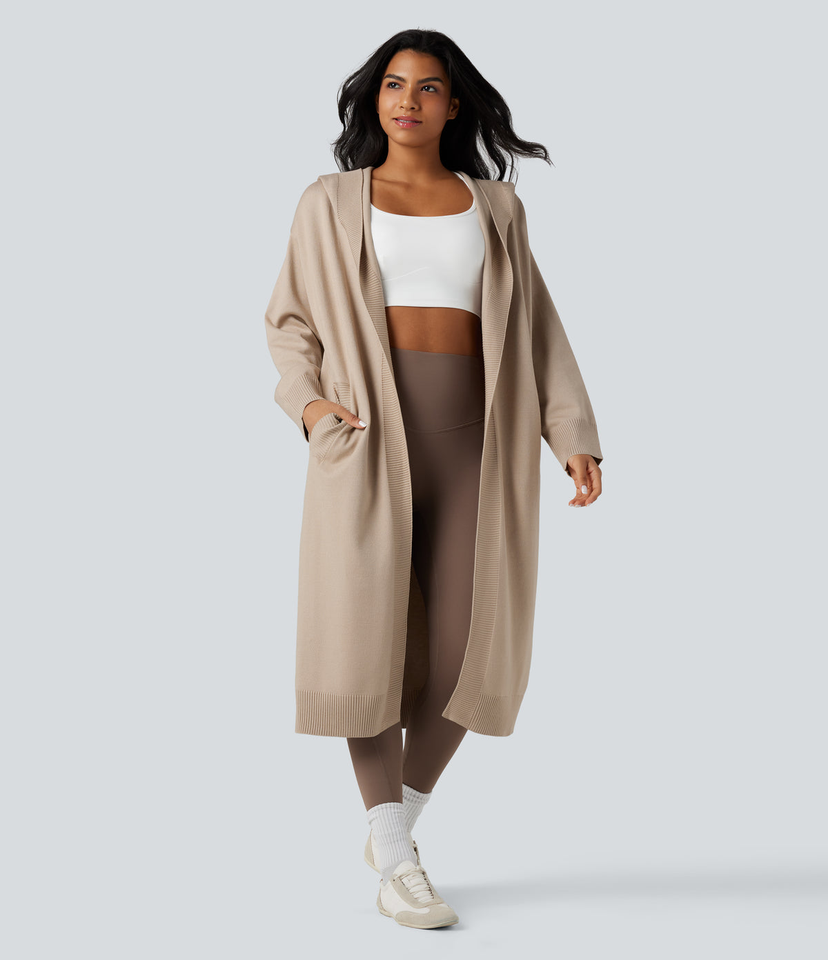 Hooded Long Sleeve Longline Casual Cardigan with Pockets — Gray Morn — view 1