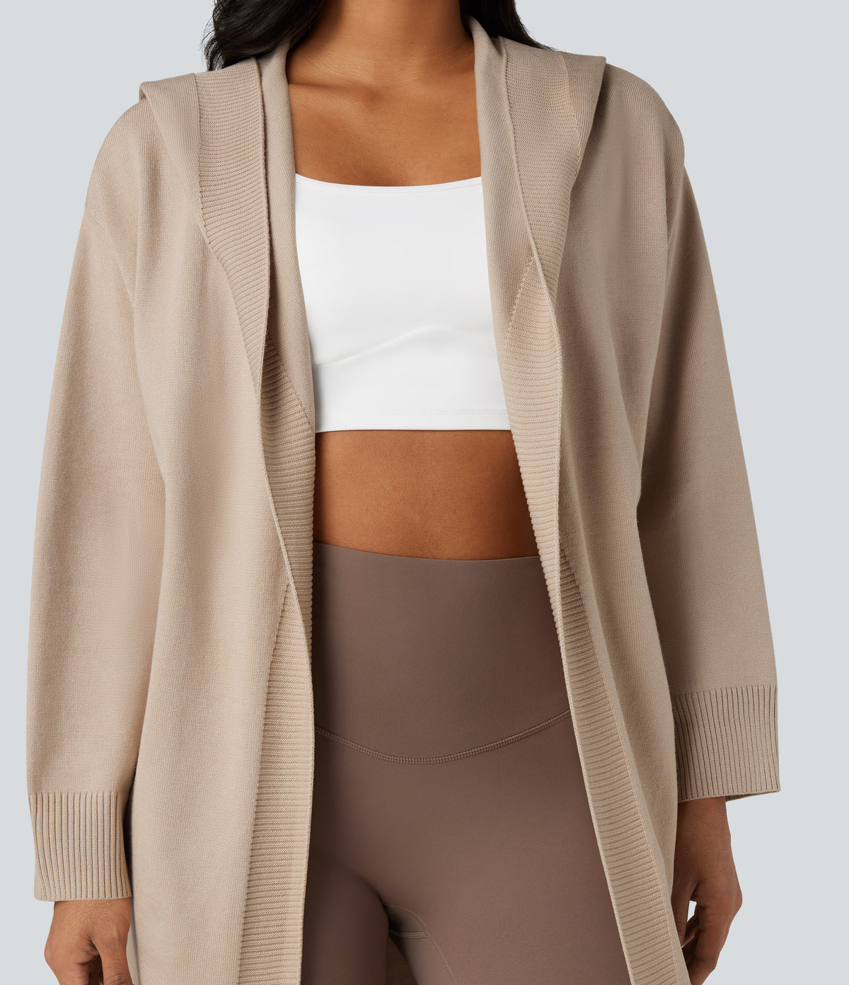 Hooded Long Sleeve Longline Casual Cardigan with Pockets — Gray Morn — view 4