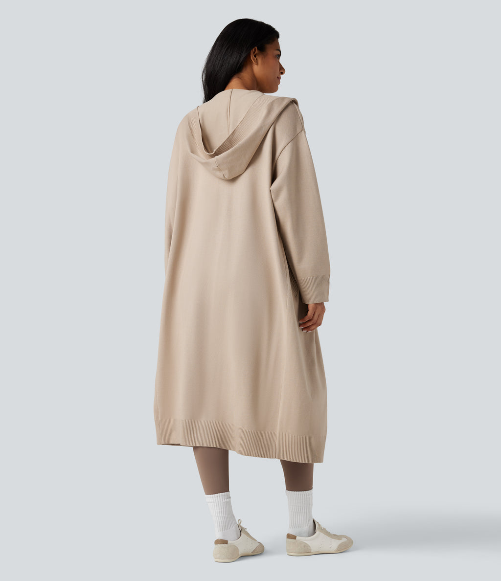 Hooded Long Sleeve Longline Casual Cardigan with Pockets — Gray Morn — view 2