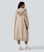Hooded Long Sleeve Longline Casual Cardigan with Pockets — Gray Morn — view 2