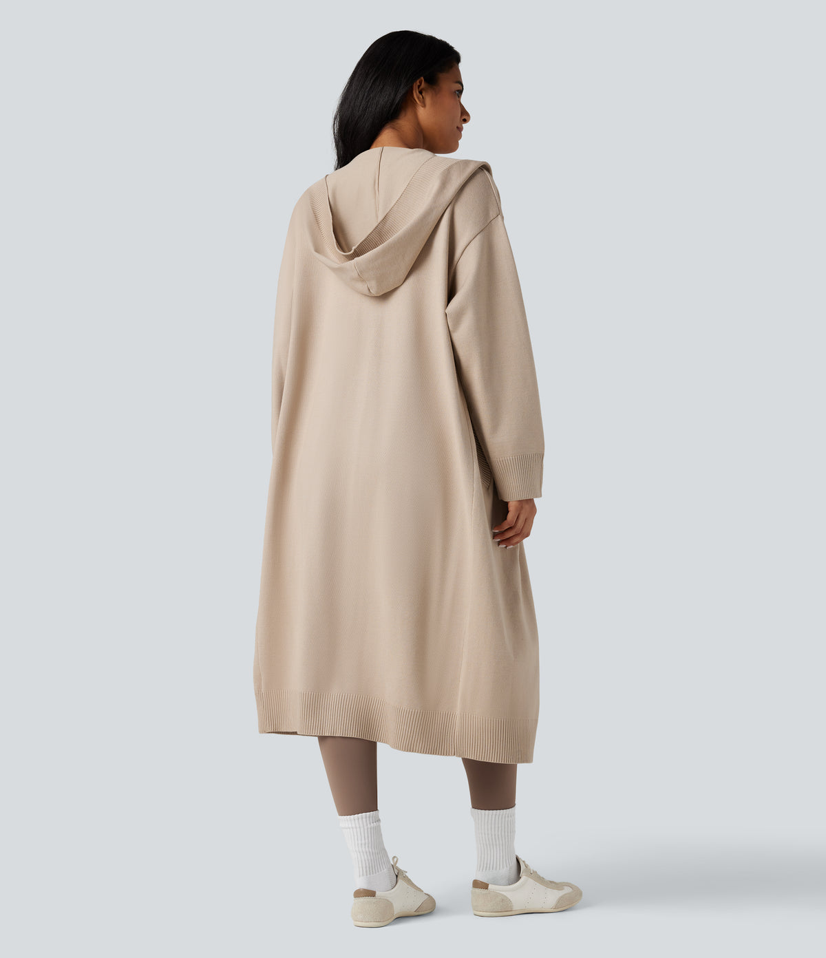 Hooded Long Sleeve Longline Casual Cardigan with Pockets — Gray Morn — view 2