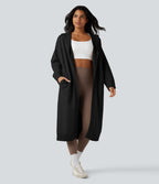 Hooded Long Sleeve Longline Casual Cardigan with Pockets — Black — view 6