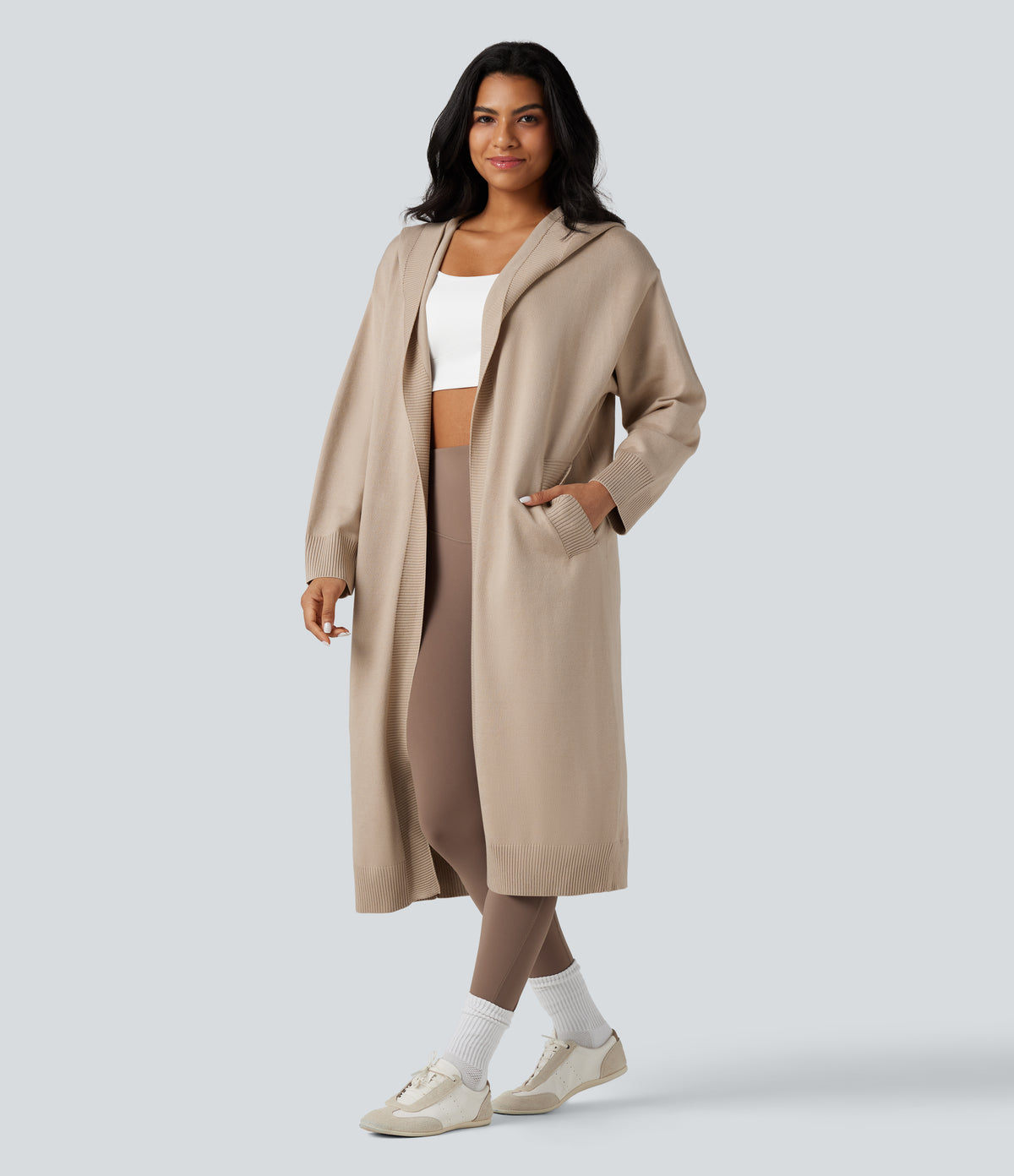 Hooded Long Sleeve Longline Casual Cardigan with Pockets — Gray Morn — view 3