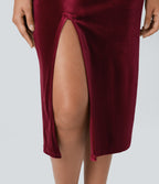 Cowl Neck Sleeveless Split Ruched Bodycon Midi Velvet Dress — Sangria — view 5