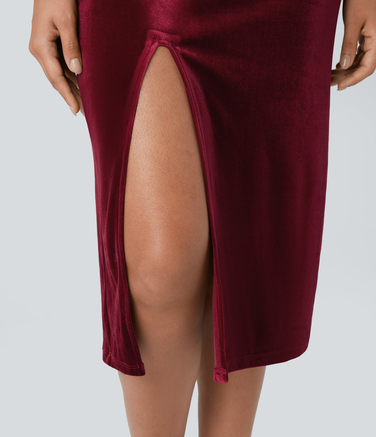 Cowl Neck Sleeveless Split Ruched Bodycon Midi Velvet Dress — Sangria — view 5