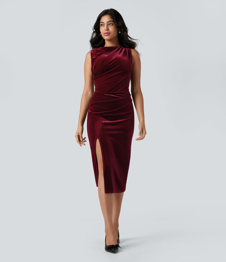 Cowl Neck Sleeveless Split Ruched Bodycon Midi Velvet Dress — Sangria — view 1
