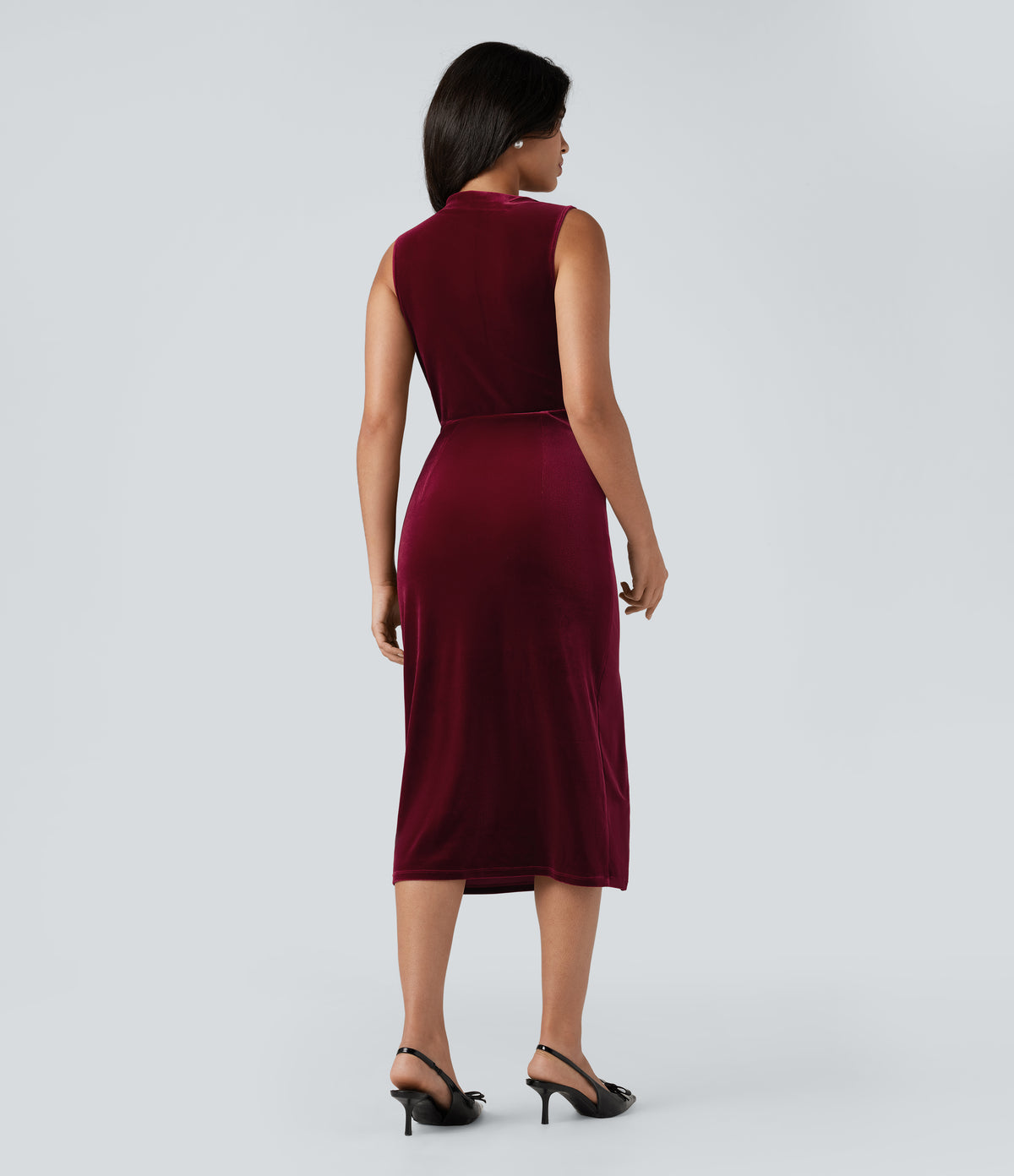 Cowl Neck Sleeveless Split Ruched Bodycon Midi Velvet Dress — Sangria — view 2