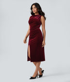 Cowl Neck Sleeveless Split Ruched Bodycon Midi Velvet Dress — Sangria — view 3