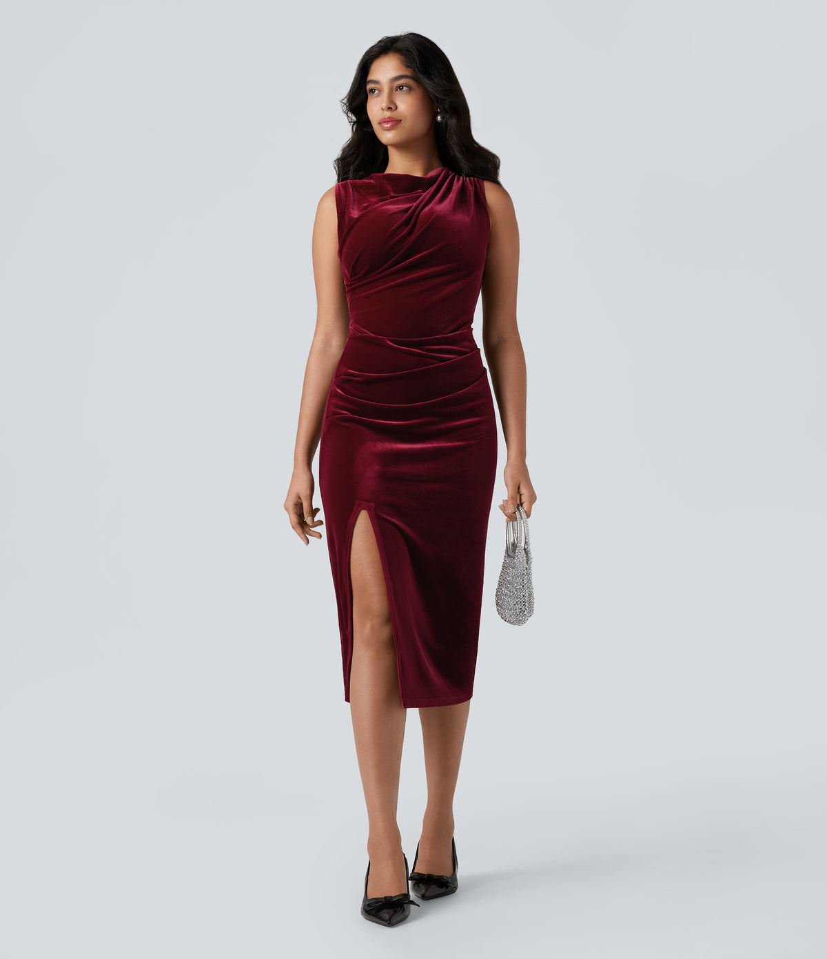 Cowl Neck Sleeveless Split Ruched Bodycon Midi Velvet Dress — Sangria — view 6