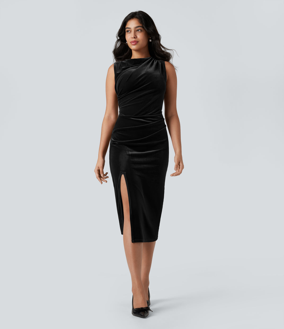 Cowl Neck Sleeveless Split Ruched Bodycon Midi Velvet Dress — Black — view 7