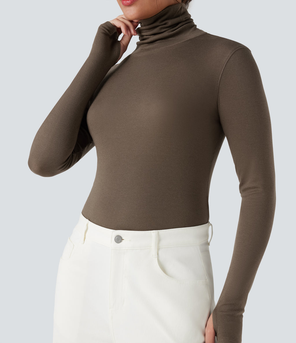 Mock-neck Long Sleeve Thumb Holes Slim Fit Casual Wool-Blend Tops — Coffee Quartz — view 5