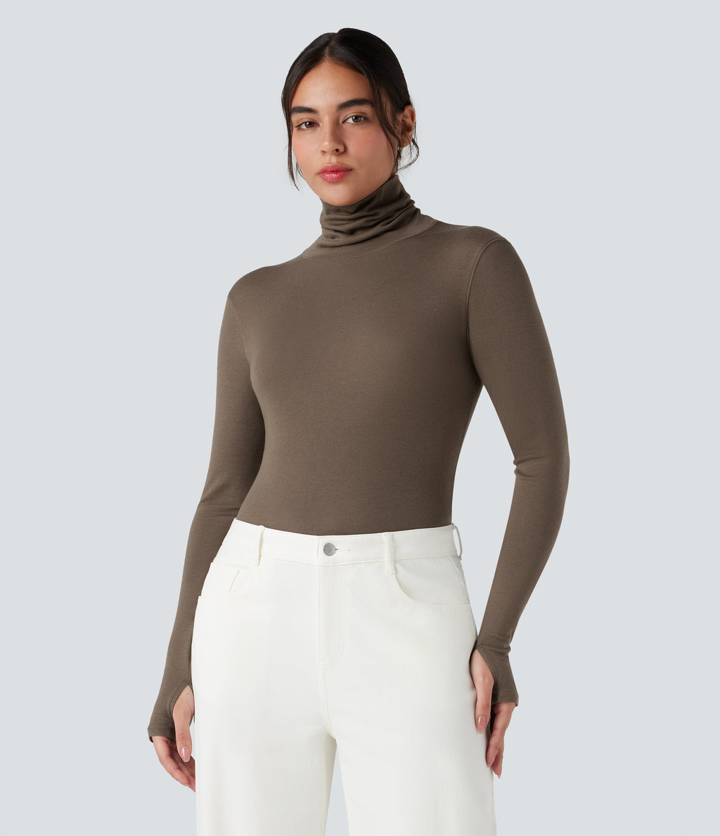 Mock-neck Long Sleeve Thumb Holes Slim Fit Casual Wool-Blend Tops — Coffee Quartz — view 1