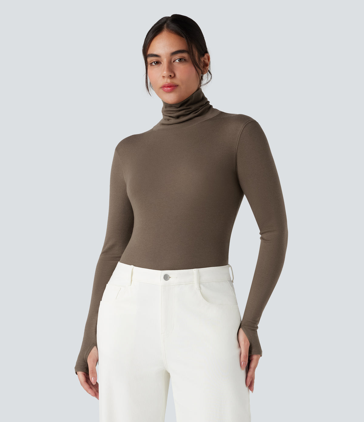 Mock-neck Long Sleeve Thumb Holes Slim Fit Casual Wool-Blend Tops — Coffee Quartz — view 1